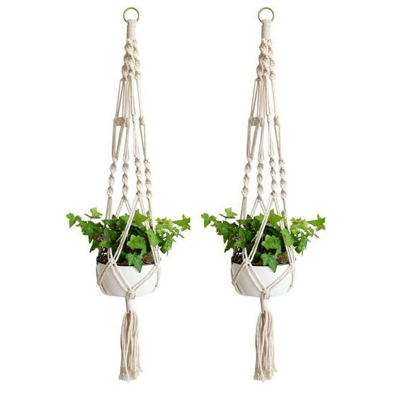 Plutput Macrame Plant Hangers, 2 Pack Flower Pot Hanger Cotton Rope Plant Hangers Indoor Outdoor Plant Holder for Home Decorations 40 inches(Off-White)