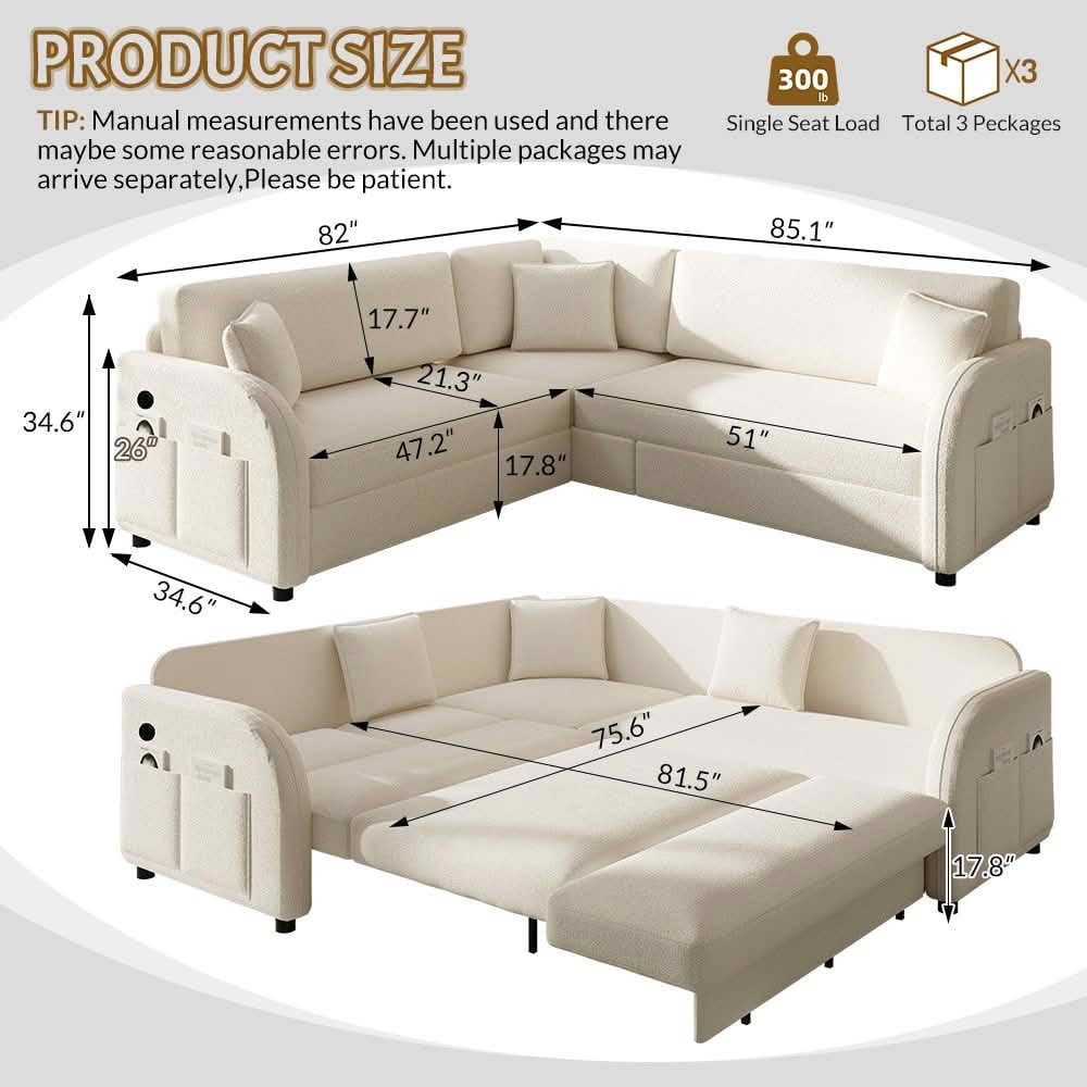 MAYEERTY 85.1" L‑Shaped Convertible Sleeper Sofa Bed, Sherpa Fleece Sectional Couch with Pull‑Out Bed, Side Pocket and USB Port