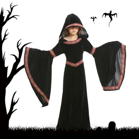 

TMOYZQ Toddler Kids Halloween Girls Autumn Costume Fashion Vampires Hooded Cloak European Style Medieval Flared Sleeve Full Long Cosplay Clothing Party Dress Ethnic Printed Velvet Cape