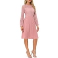 thumbnail image 2 of INSPIRE CHIC Women's Dress Crew Neck Long Sleeve Pleated Lace Belted Midi Dress XS Light Pink, 2 of 6