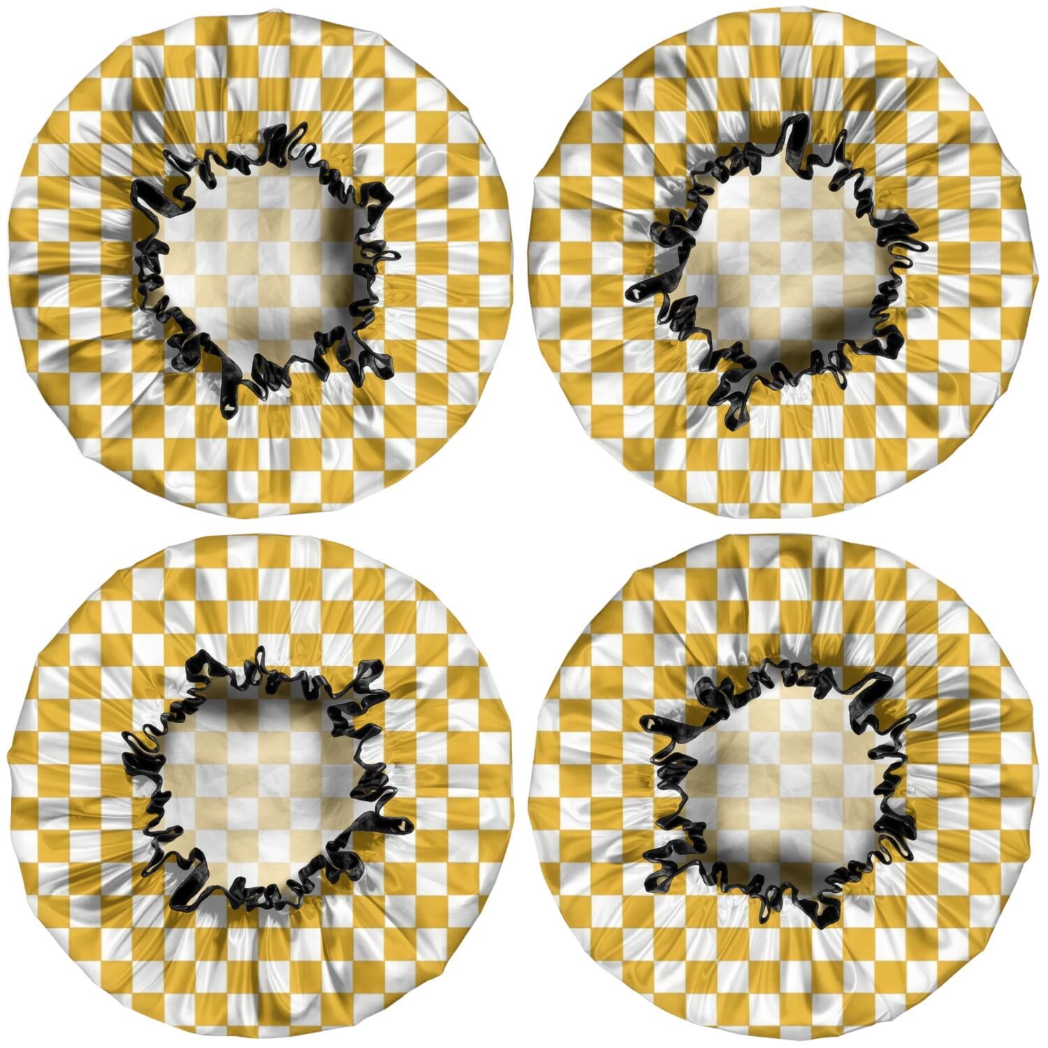 Shower Caps,Yellow and White Checkerboard Pattern Waterproof Shower Cap for Women 4 Pieces,Double Reusable Hair Cover for Shower PEVA Elastic Stretch Hem