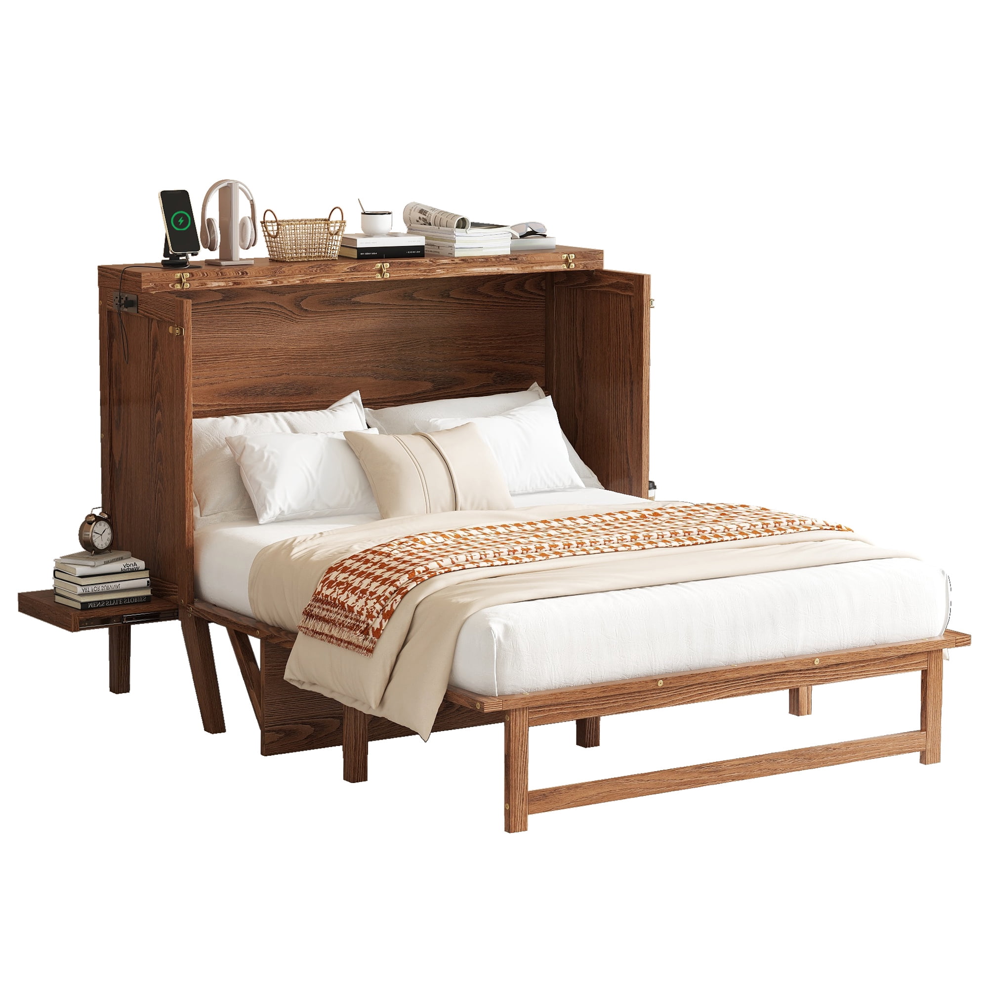 Sailvan Full Size Murphy Bed with USB Port Shelves on Each Side, Solid Pine Murphy Cabinet Bed