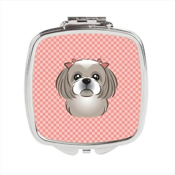 Checkerboard Pink Gray Silver Shih Tzu Compact Mirror, 2.75 x 3 x .3 In.