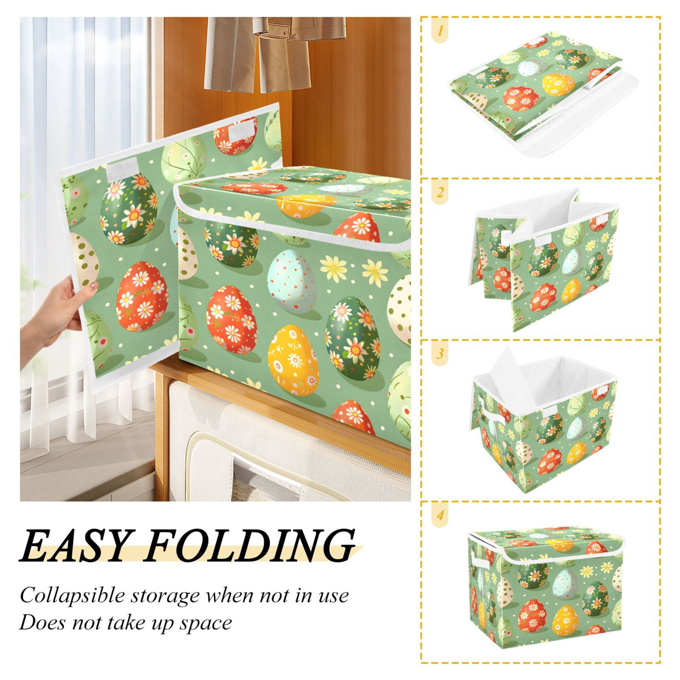 Ryvnso Easter Eggs Floral Large Lidded Foldable Storage Baskets Cubes Boxes Lids Bin for Home