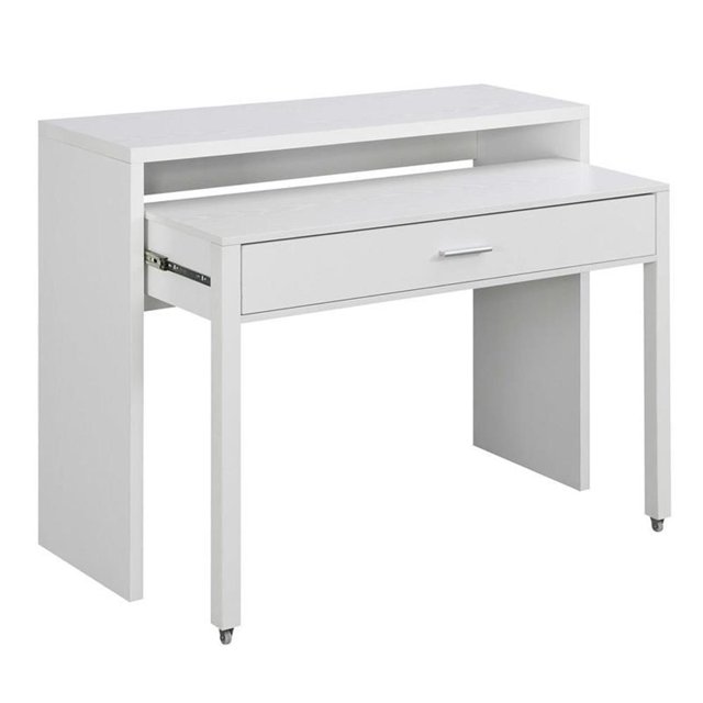 Pemberly Row Console/Sliding Desk with Drawer and Riser in White Wood Finish