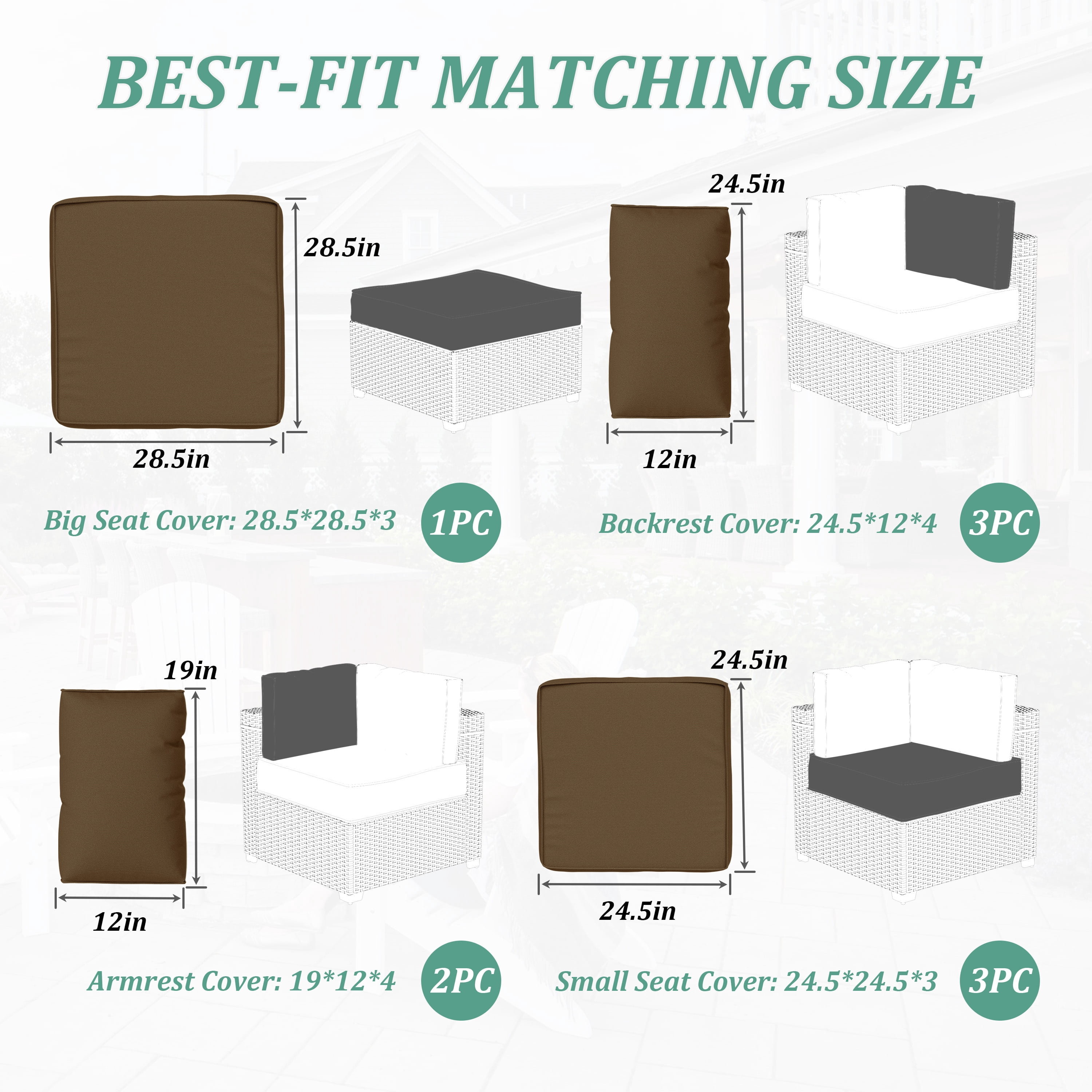 Snubbull Patio Furniture Cushions, Replacement Outdoor Cushions for 4-Seat Sectional Sofa,Waterproof & Zipped, Chocolate