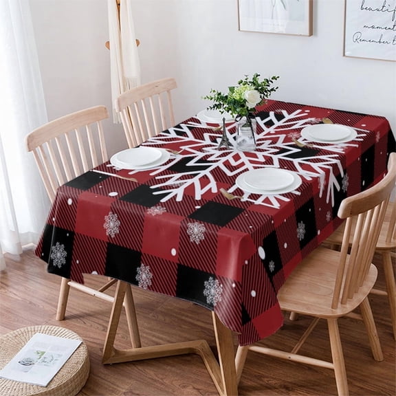 Christmas Snowflake Tablecloth Rectangle Table Cloth 60x102 , Waterproof Tablecloth Outdoor Table Cloth, Winter Snwoflake Red Black Plaid Washable Table Cover for Kitchen Dining Party