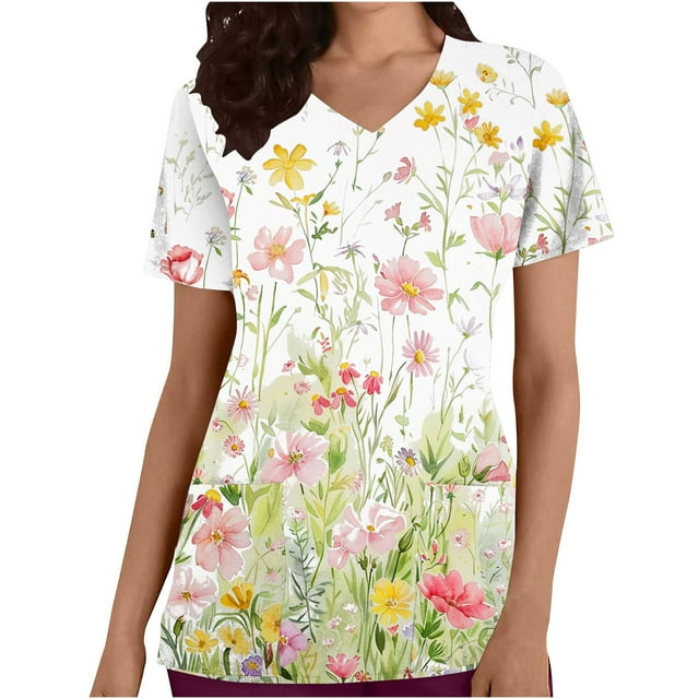 Pisexur Tuniques Médicales pour Femmes Mode à Imprimé Floral Hauts de Sarrau pour Femmes Décontractés à Manches Courtes Col en V Travail Uniforme d'Infirmière Hauts Confortables Surdimensionnés Vêtements de Travail avec Poches