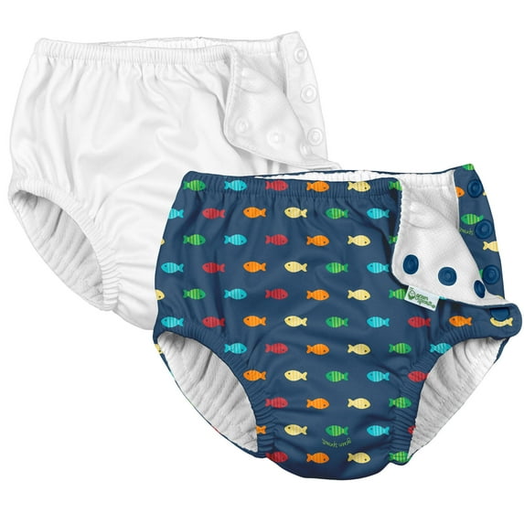 i Play (2 Pack) Boys Reusable Absorbent Baby Swim Diapers - Swimming Suit Bottom | No Other Diaper Necessary Navy Fish Geo and White 6 Months