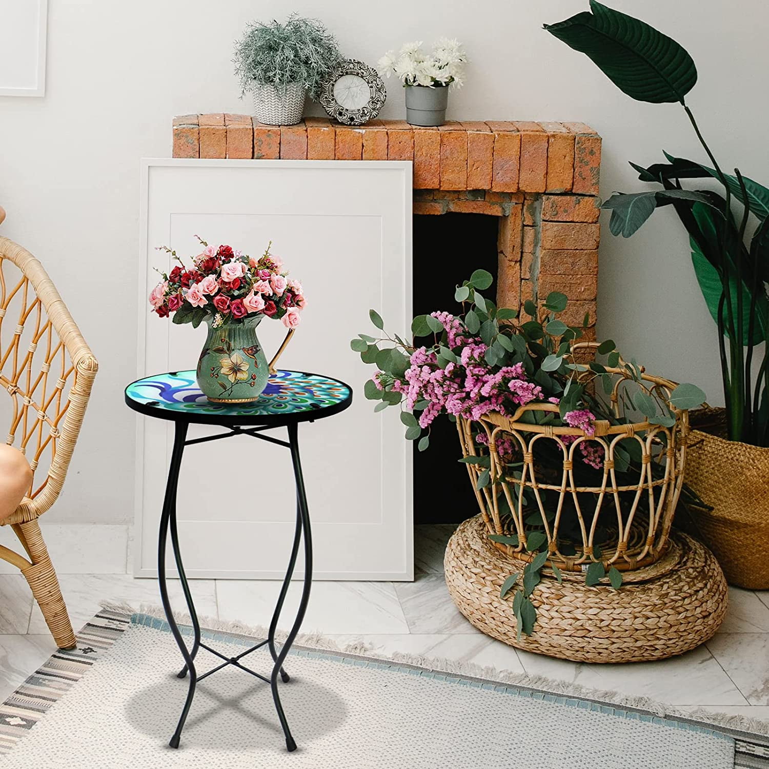 Patio Side Table Outdoor Mosaic Table Accent Coffee Table,Plant End Table Small Porch Peacock Table Indoor,Round Glass Balcony Small Porch Plant Table Stands for Garden Patio Living Room 14 Inch