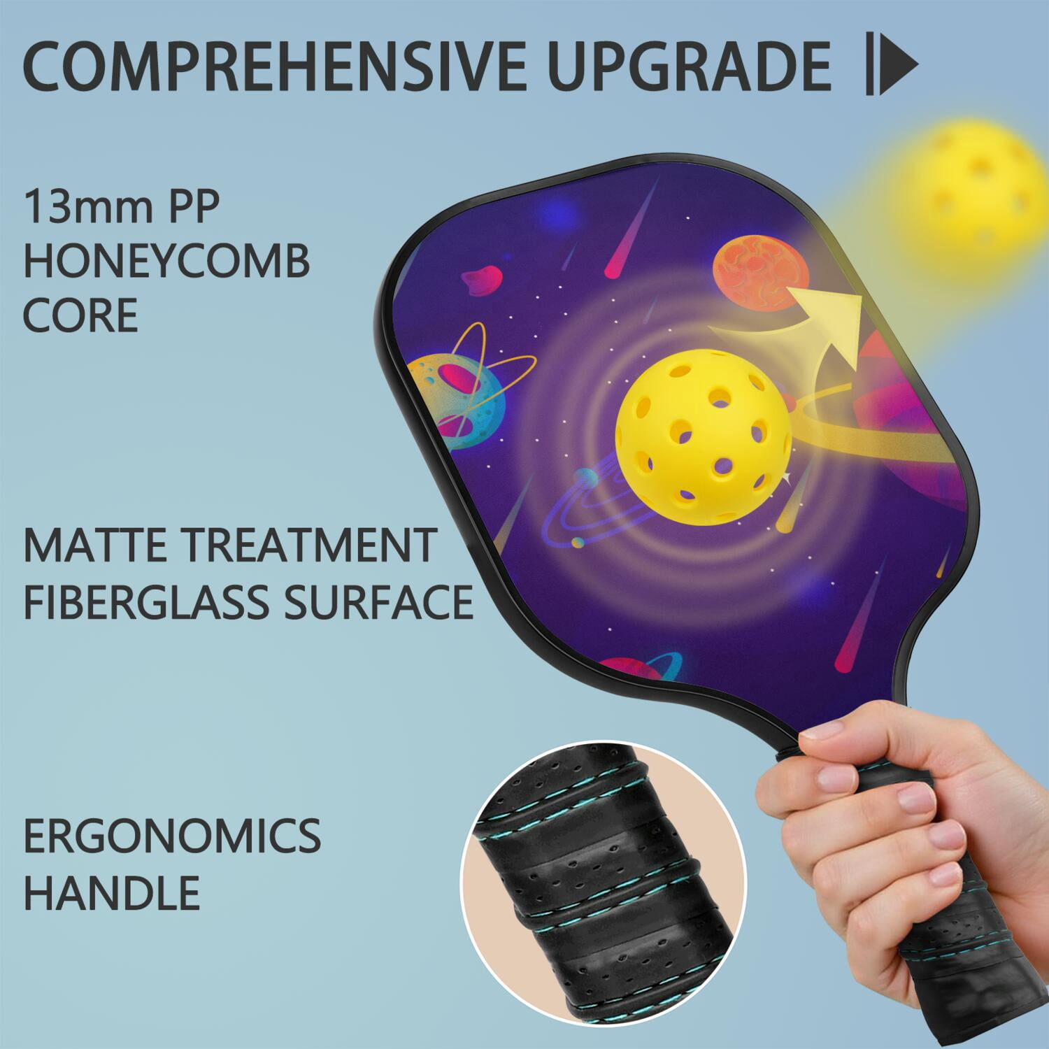 Pickleball Paddles Set Of 2, Fiberglass Surface, Galaxy Print, 4 Balls & Bag