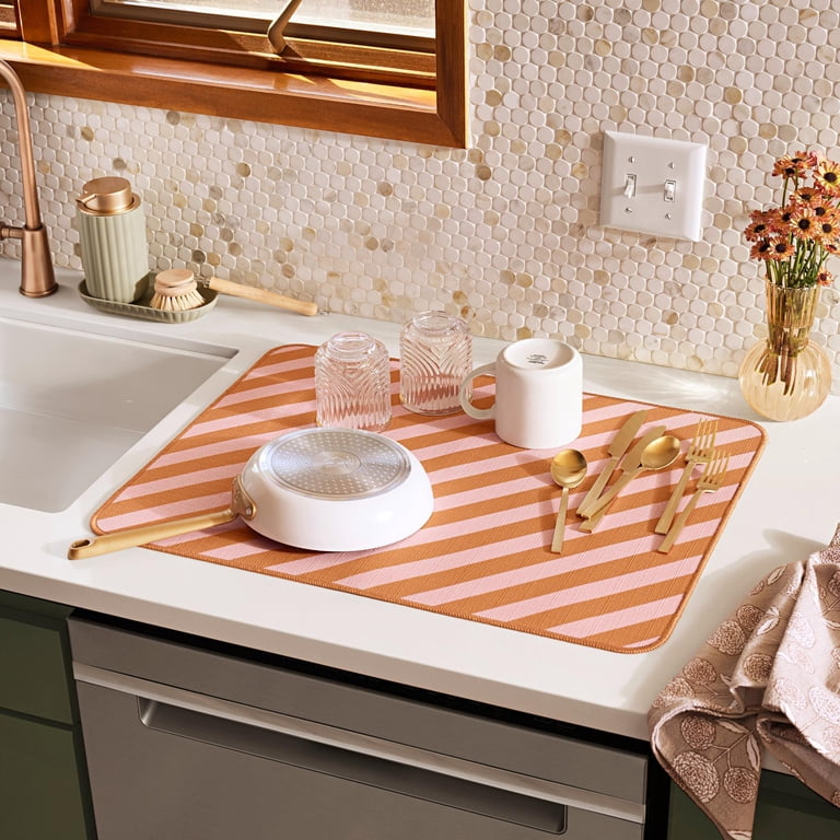 Beautiful Printed Stripe Dish Drying Mat by Drew Barrymore, Coral