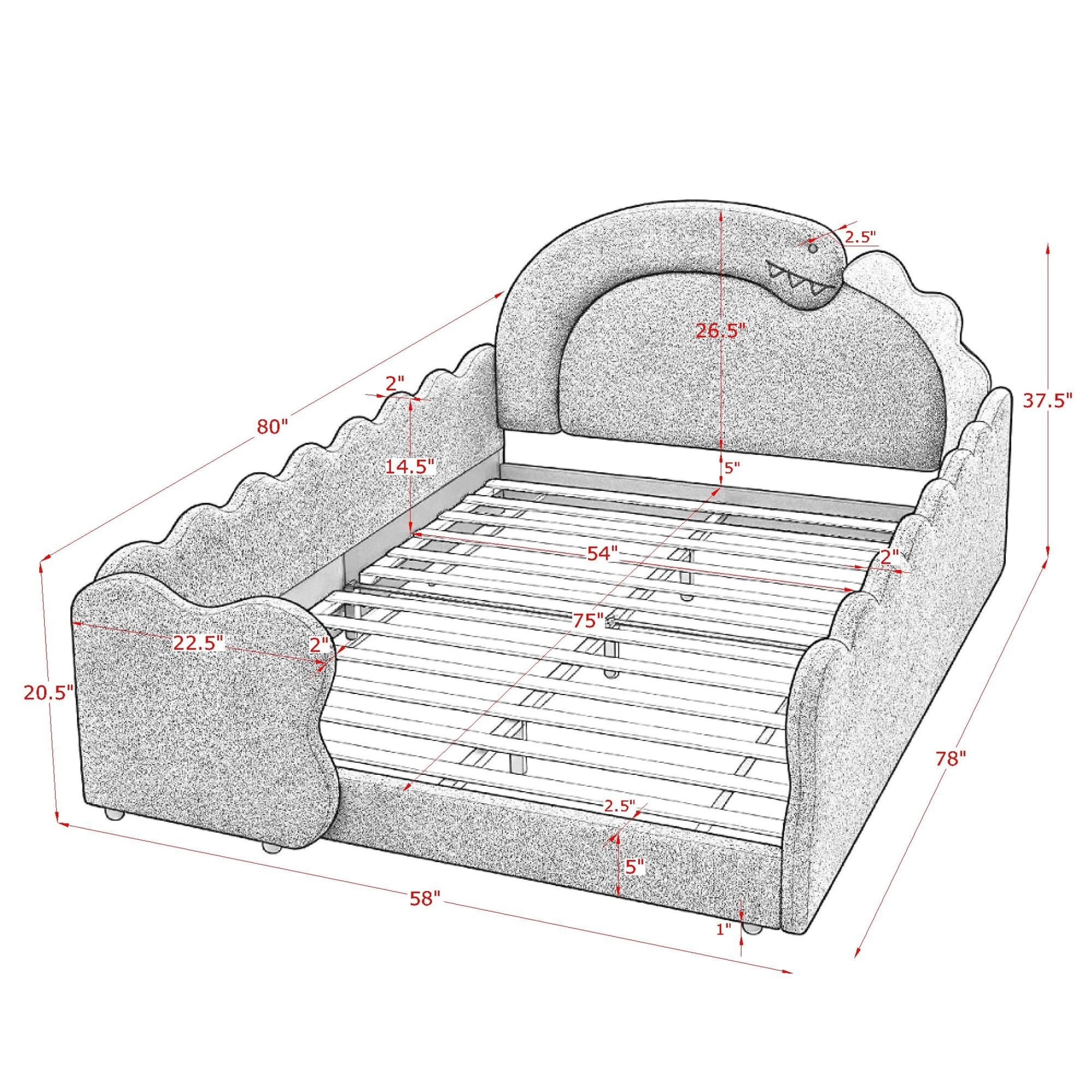 GDF Studio Full Size Cute Dinosaur Bed with Safety Guardrails & Solid Wood Frame, Boucle Fabric Upholstered Bed, Yellow