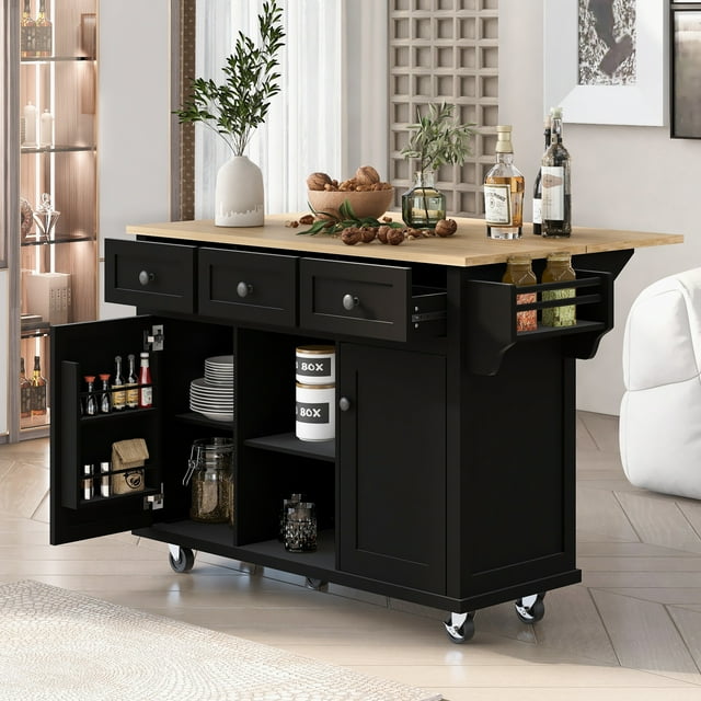 MODERNLUXE Chariot Îlot de Cuisine 53 Pouces avec Rangement, Îlot de Cuisine Roulant avec Abattant, Étagère de Rangement Interne, 3 Tiroirs, 5 Roues et Tablettes Ajustables, Table Îlot Mobile pour Salle à Manger, Noir