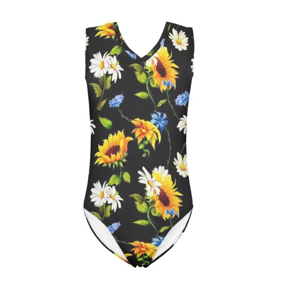 NETILGEN Breathable Sleeveless One Piece Swimsuit Kids Cute Daisy & Sunflowers Print Skin-Friendly Elastic Kids Cover Ups for Swimwear Girls Size 3-4Y