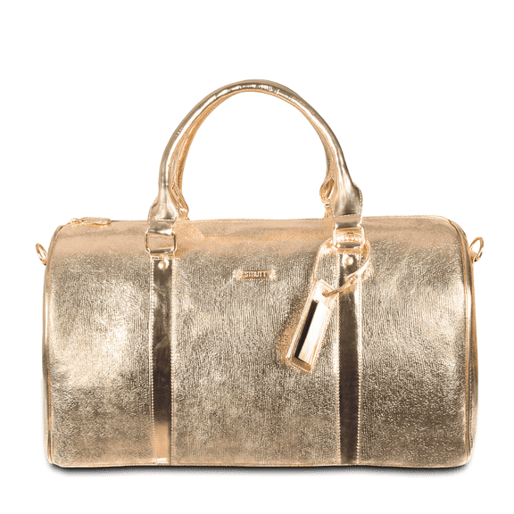 STRUTT Premium Glittery Golden Leatherette Duffel Bag for Travel for Women II Spacious II Lightweight Gold Weekender