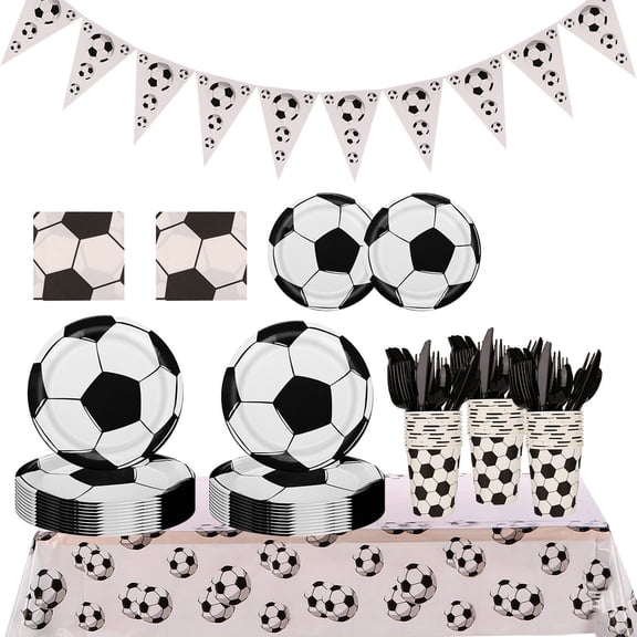 Kicpot Soccer Themed Party Tableware Set, 82pcs Black & White Pattern Plates Cups Napkins Kit