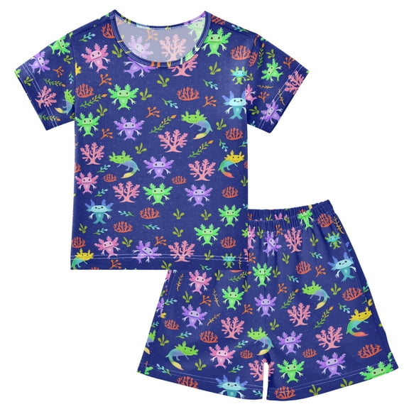 joogoo Cute Axolotls Pattern Pajama Sets Short Sleeve Cotton 2-Piece Sleepwear 10Y