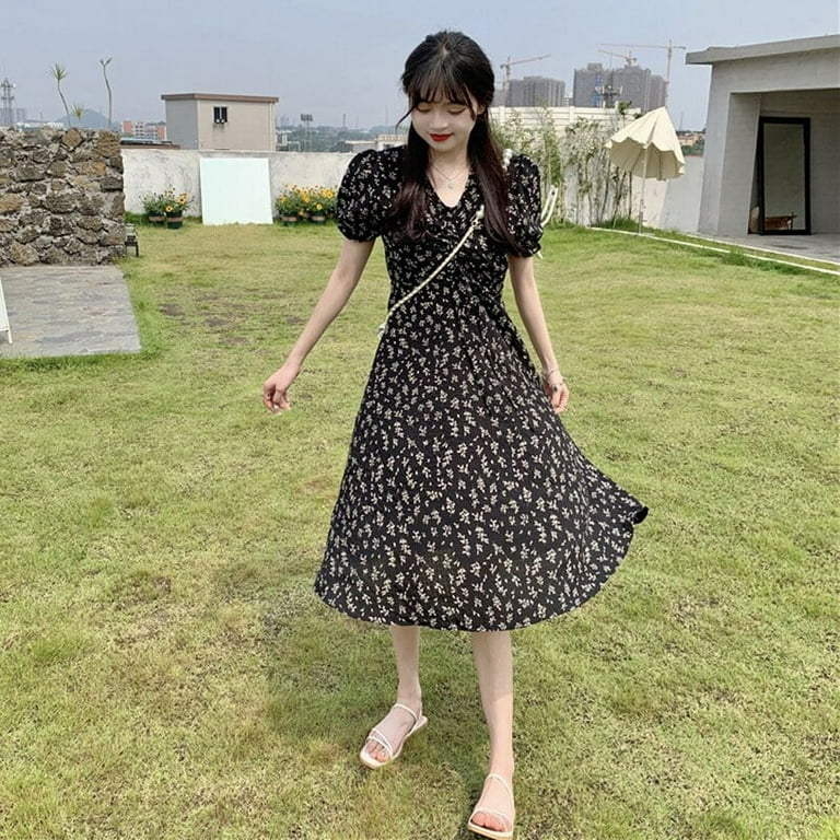 DanceeMangoo Elegant Floral Midi Dress for Women Korean Chic Printed V neck Long Dress Female New Summer Short Sleeve Dresses