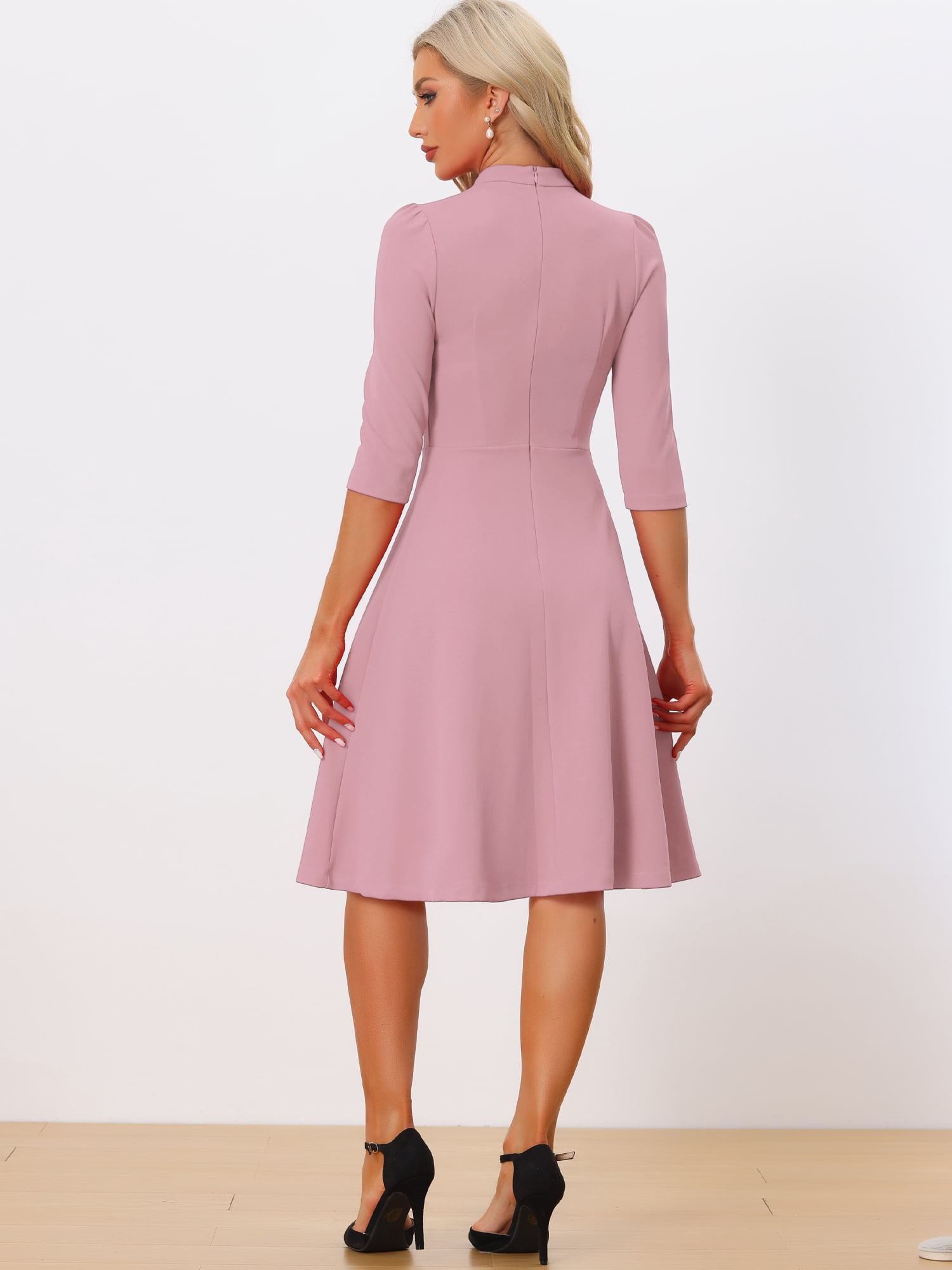 DARING DIVA Women's Sheath 3/4 Sleeves Stand Collar A-Line Dress S Pink