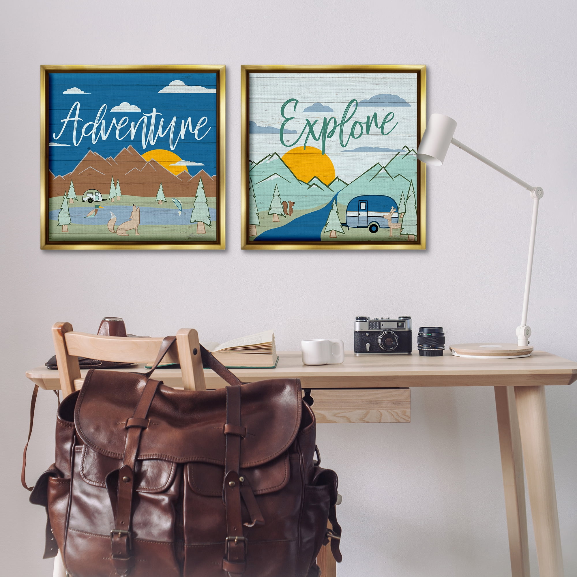 Stupell Industries Adventure Explore Camping Landscape & Nature Painting Gold Floater Framed Canvas Art Print Wall Art, 25 x 25, Set of 2