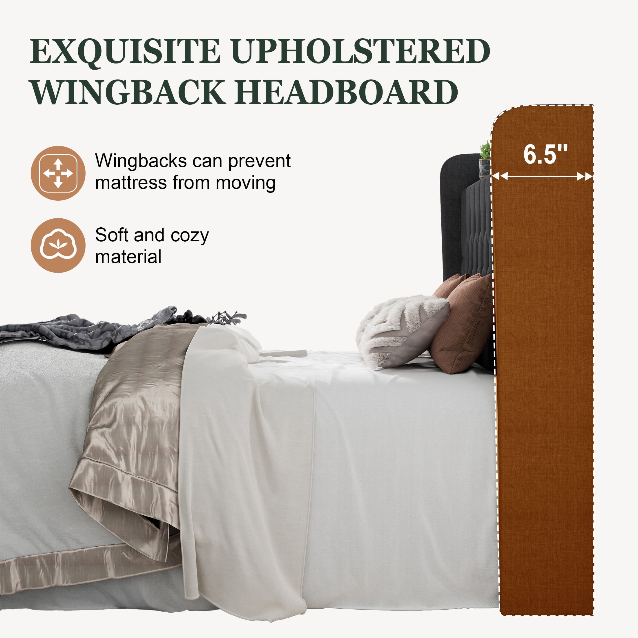 Einfach King Bed Frame, Upholstered Platform Bed with Storage Wingback Headboard and Fast Charging Hub, No Box Spring Required, Deep Gray