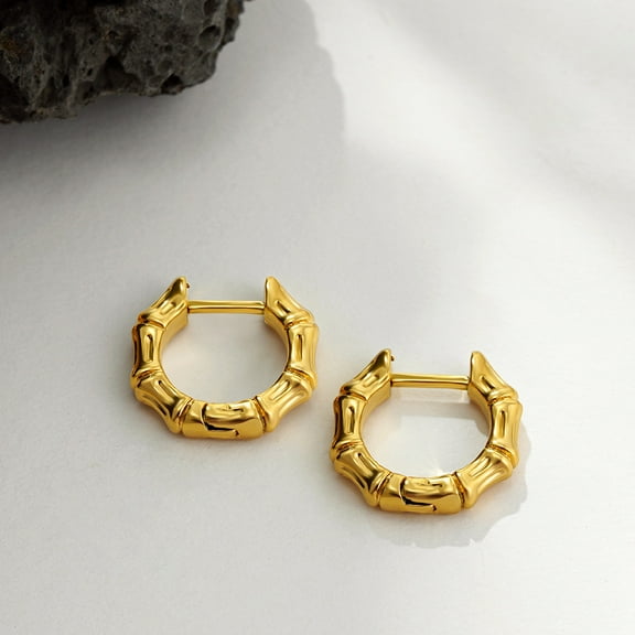 PERITANG Women 18k Gold Plated Hoop Earrings Bamboo Textured Earring Bride Wedding Engagement Jewelry Gifts