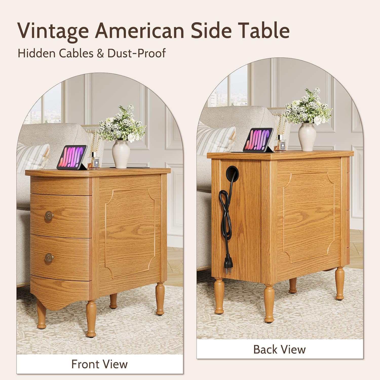 Vividwood Wood End Table with Charging Station, Narrow Side Table with 2 Drawers and Solid Wood Feet, Light Walnut