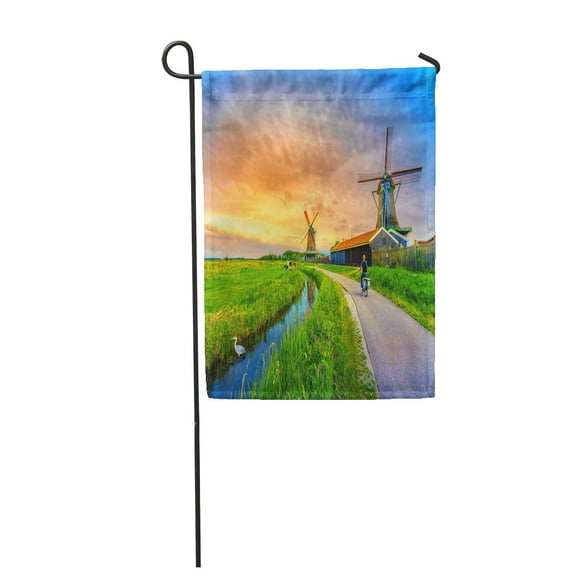 SIDONKU Traditional Village Dutch Windmills and River at Sunset Holland Garden Flag Decorative Flag House Banner 28x40 inch