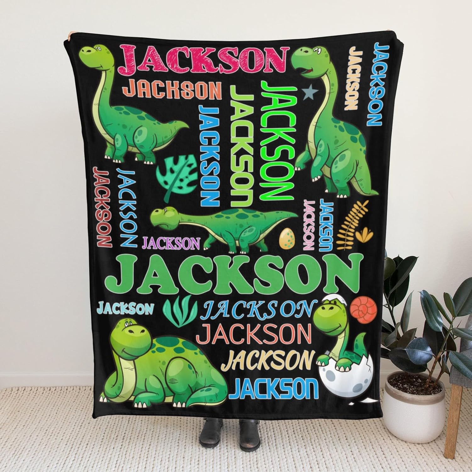 Personalized Dinosaur Blanket for Kids, Custom Dino Throw Blanket with Name for Boys and Girls, Toddler Bed, Room & Bedroom Decor, Unique Blankets for Children