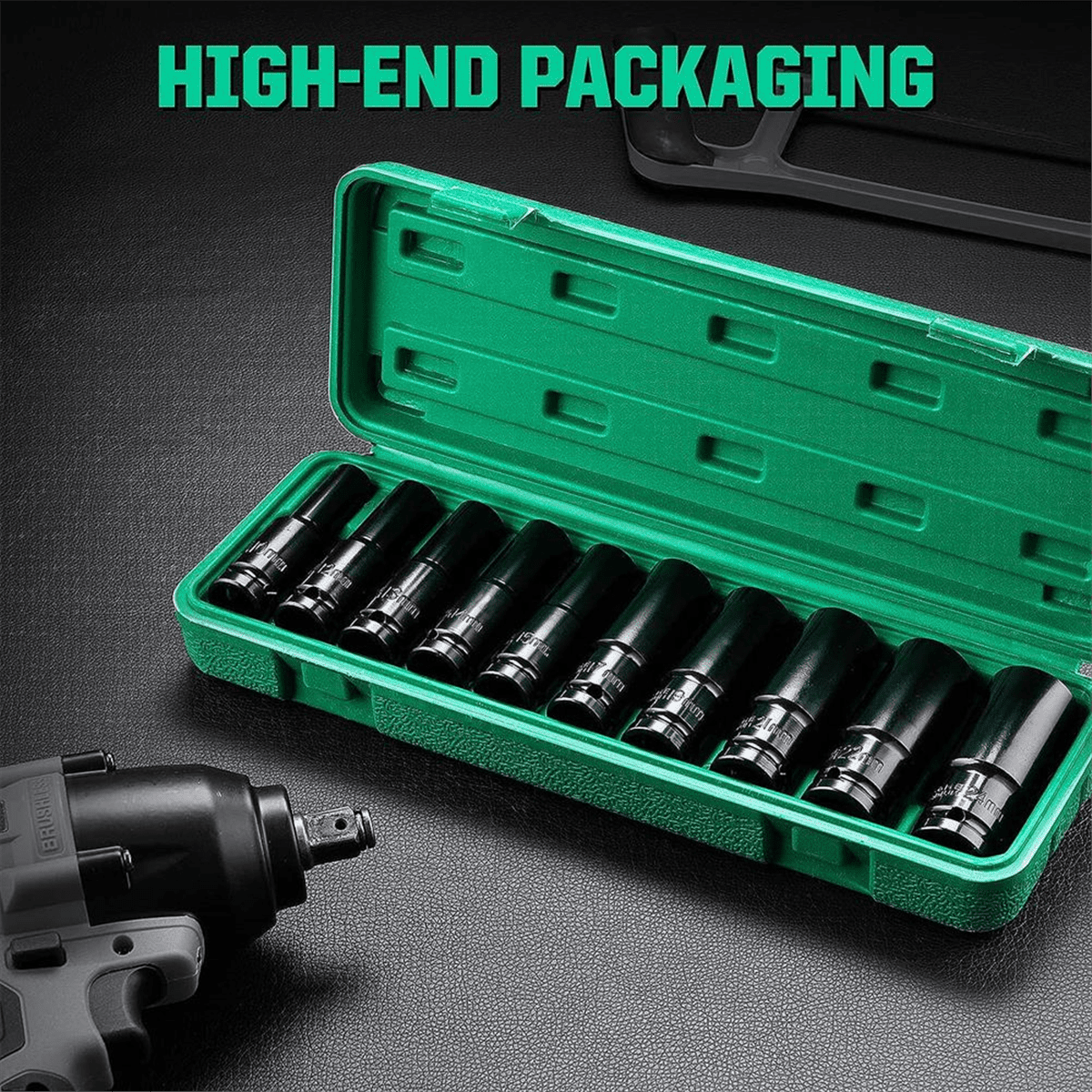 Impact Socket Set 1/2 Drive -15PCS-Metric Size (10-32mm) Sockets 6 Point Hex Design