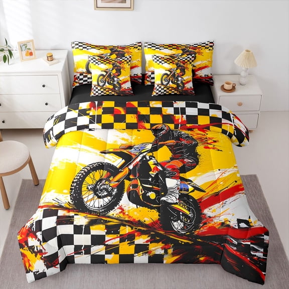 Manfei Cool Motorbike 7-Piece Twin Bedding,Checkered Pattern Bedding Comforter Set,Yellow,Black Reversible