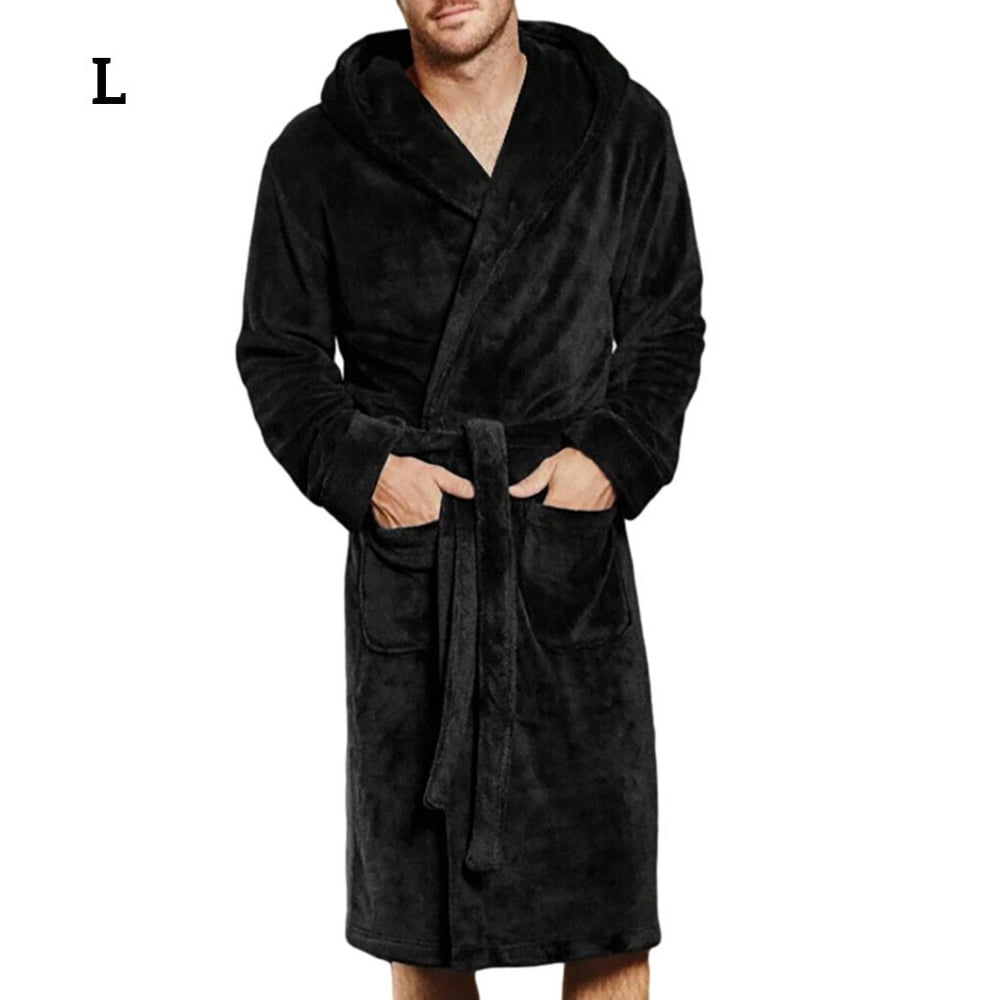 Hommes Chemise de Nuit Hiver a Capuche Robe Poche Longue SPA Peignoir Noir L Walmart