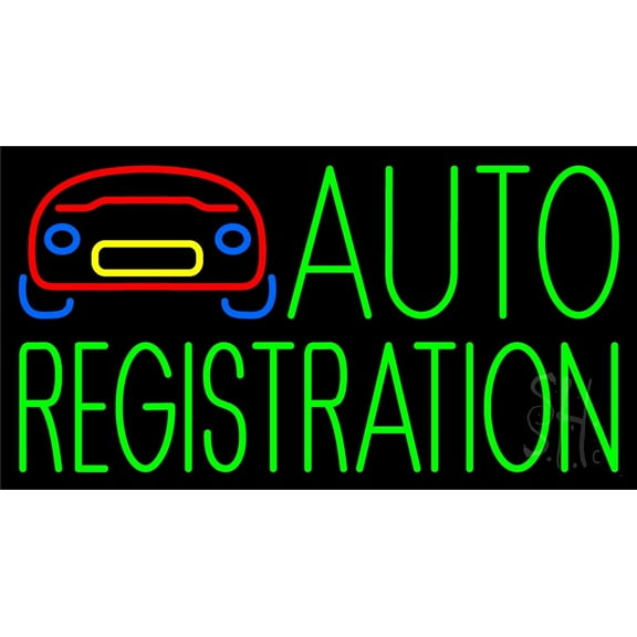 Green Auto Registration With Logo LED Neon Sign 13 x 24 - inches, Clear Edge Cut Acrylic Backing, with Dimmer - Bright and Premium built indoor LED Neon Sign for automotive store, and mall.