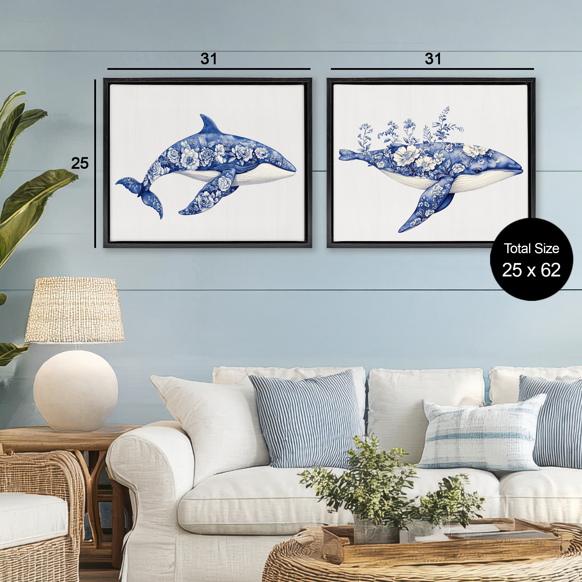 Blooming Toile Pattern Whales 2 Piece Black Framed Floater Canvas Set, design by Lettered and Lined