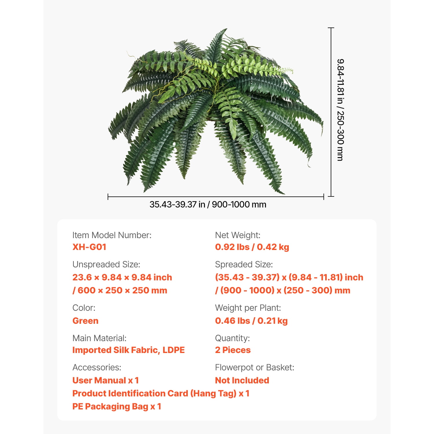 KFFKFF Artificial Ferns Set of 2, Natural Spread Diameter 35-39 Inch, Large Hanging Faux Boston Ferns, Fake Plant Wall Decor with 35 Branches, Decorative Fern for Home and Office (Pot Not Included)