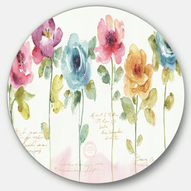 Designart 'roses Colorées Arc-en-Ciel Peintes à la Main' Art Mural Rond en Métal Style Ferme - Disque de 36