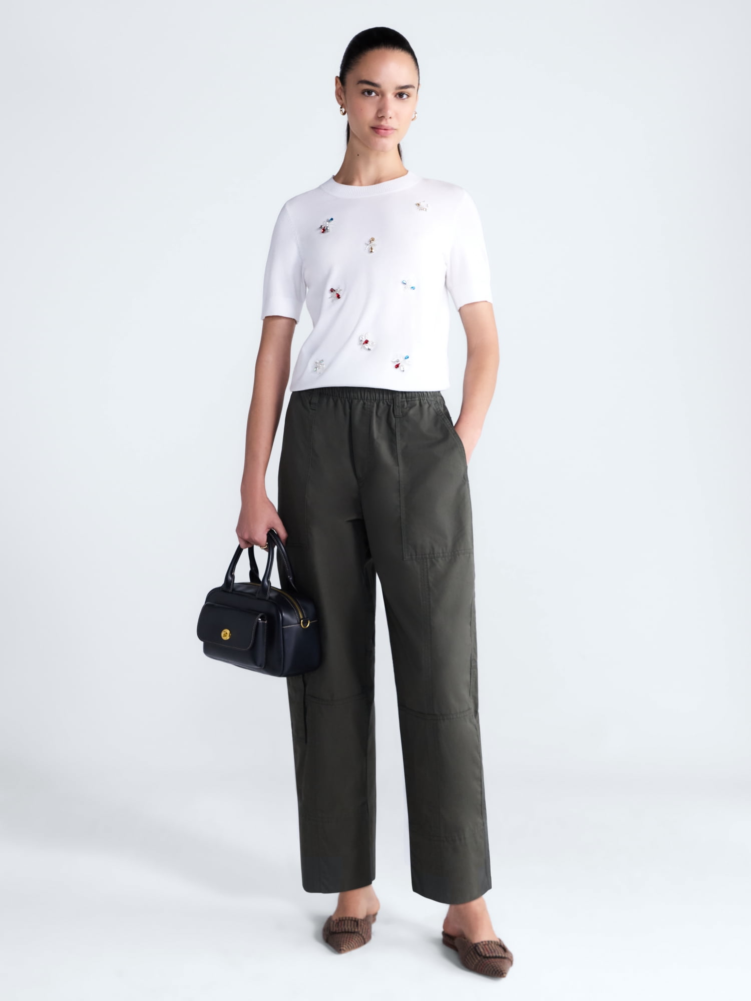 Free Assembly Women's and Women's Plus Embellished Cozy Yarn Sweater with Short Sleeves, Sizes XS-4X
