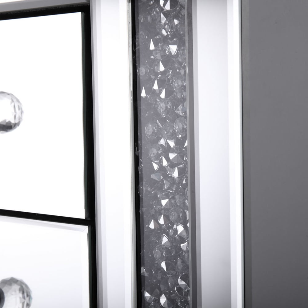 Kadyn Mirrored Bedside Cupboard with Crystal Diamond Inlay, Silver Bedside Cabinets with 3 Drawers, End Table for Bedroom Living Room
