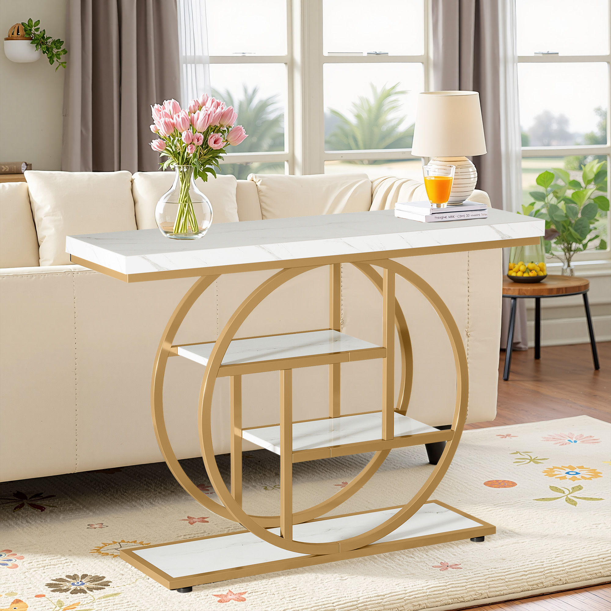 MAYEERTY 41.3" Industrial 4-Tier Console Table, Wood Shelves Round Circle Metal Base Entryway Sofa Table with Adjustable Anti-Wobble Foot Pads
