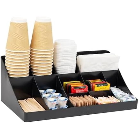 Cup and Condiment Station, Countertop Organizer, Coffee Bar, Kitchen, Stirrers, 17.875"L x 9.5"W x 6.625"H, Black