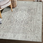 ReaLife Rugs Machine Washable Printed Persian Distressed Medallion Beige Eco-friendly Recycled Fiber Area Runner Rug (7'6" x 9'6")