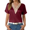 thumbnail image 2 of Women's V Neck Lace Trim Short Sleeve T Shirt Casual Vacation Top Blouse For Spring Summer With Elegant Lace Detail Sleeve Shirt Womens Short Sleeve T Short Sleeves Top Women's Shirts Summer Half, 2 of 6