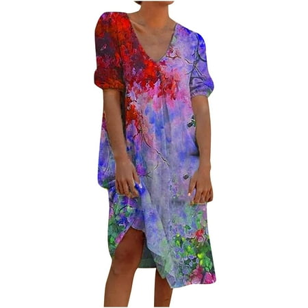 

Wedding Guest Dresses for Women Valentines Dress for Women Women Fashion V-Neck Short Sleeve Printing Loose Fit Casual Mid-Calf Long Dresses Prom Dresses Summer Dresses on Clearance Purple M
