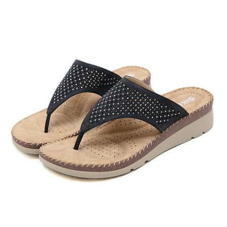 

Dpityserensio Sandals Women Beach Casual Comfortable Shoes Slippers Shiny Rhinestones Mid Heel Wedges Flip-flops Summer Sandals for Women Dressy Black 7(39)