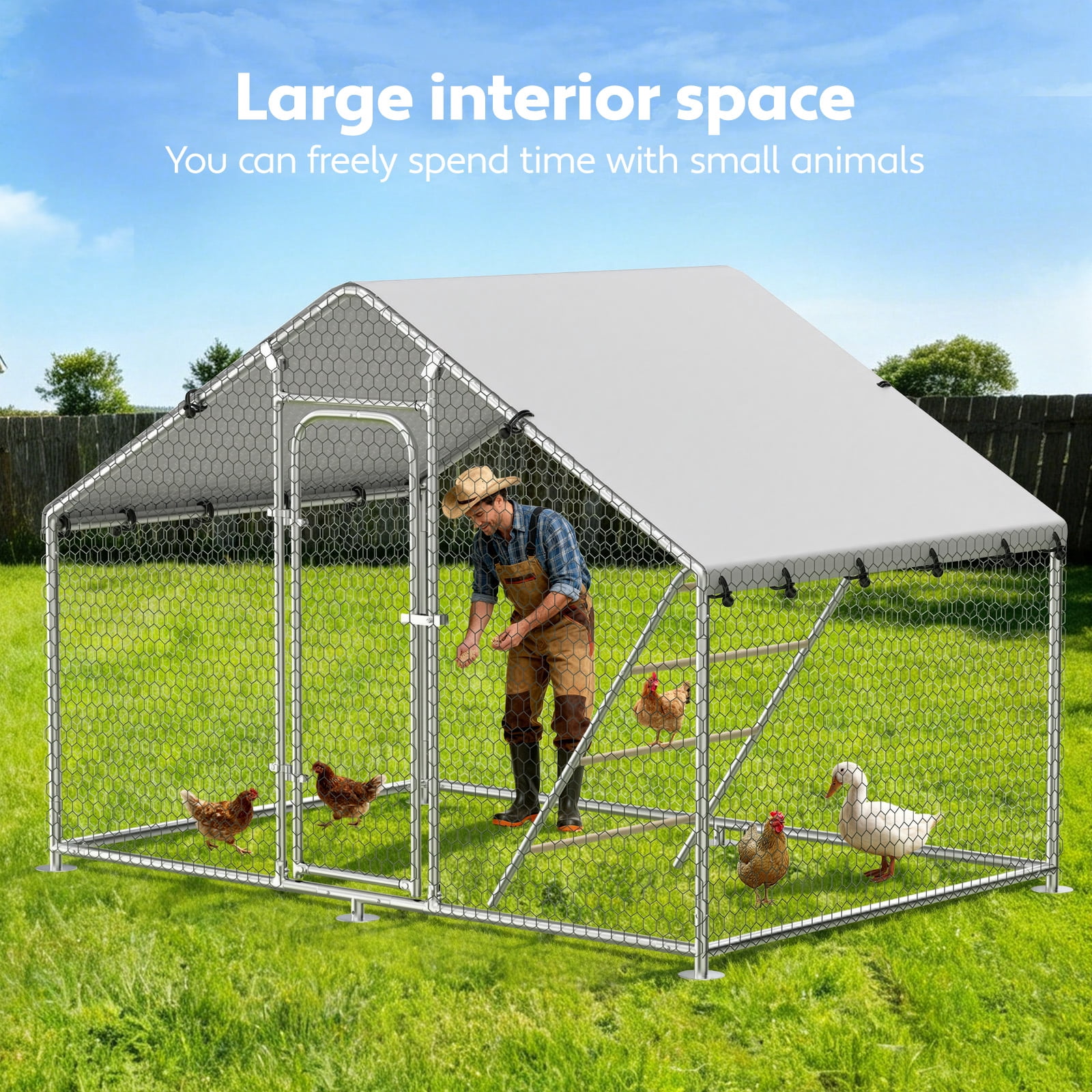 Time Ray Outdoor Chicken Coop with Roosting for 5 Chickens Run Walk-in Metal Poultry Cage for Outdoor Backyard Chicken Run