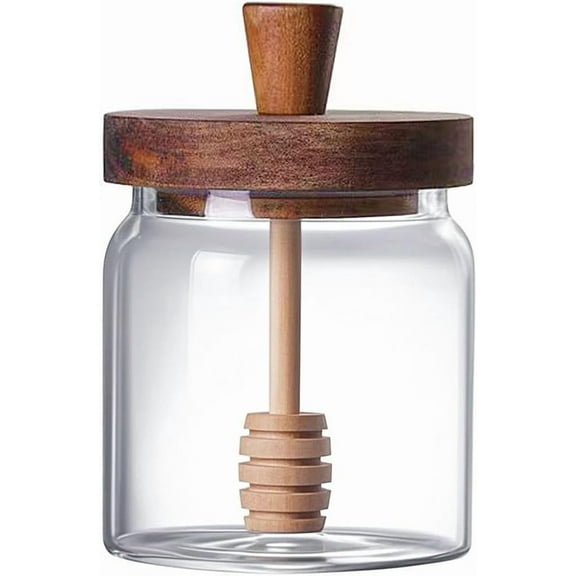 Superior Hub Glass Honey Jar with Dipper and Lid, 14 OZ Airtight Honeypot with Acacia Wood Lid, Coffee Syrup Dispenser, Round Honey Storage Container, Kitchen Dining Gifts for Her Bar Accessories