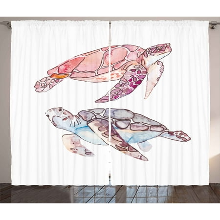 Hand Painted Artwork Set - Turtle Curtains 2 Panels Set, Hand Painted Watercolor Artwork of Two Turtles Pastel Cute Underwater Theme, Window Drapes for Living Room Bedroom, 108W X 63L Inches, Pink Fuchsia Purple, by Ambesonne