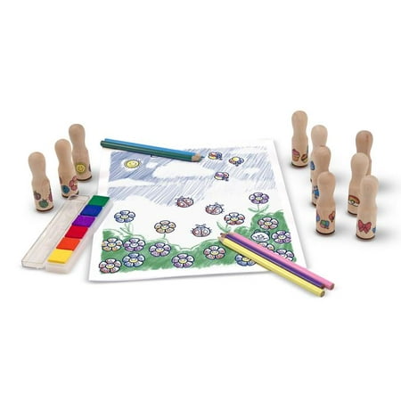 - Melissa & Doug Deluxe Happy Handle Stamp Set With 10 Stamps, 5 Colored Pencils, and 6-Color Washable Ink Pad