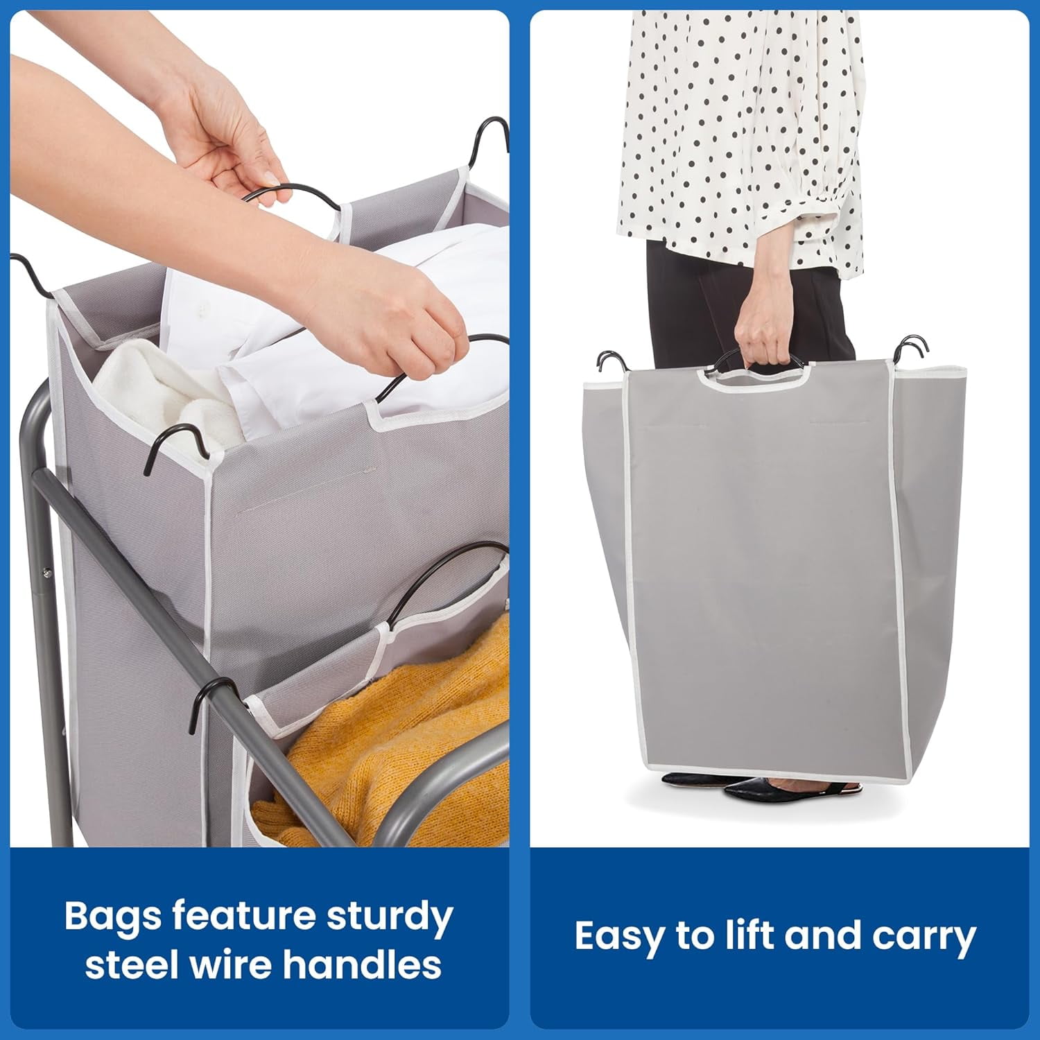 90L Gray 2-Section Laundry Sorter - Rolling Hamper Cart with Wheels & Removable Bags for Closet & Dorm